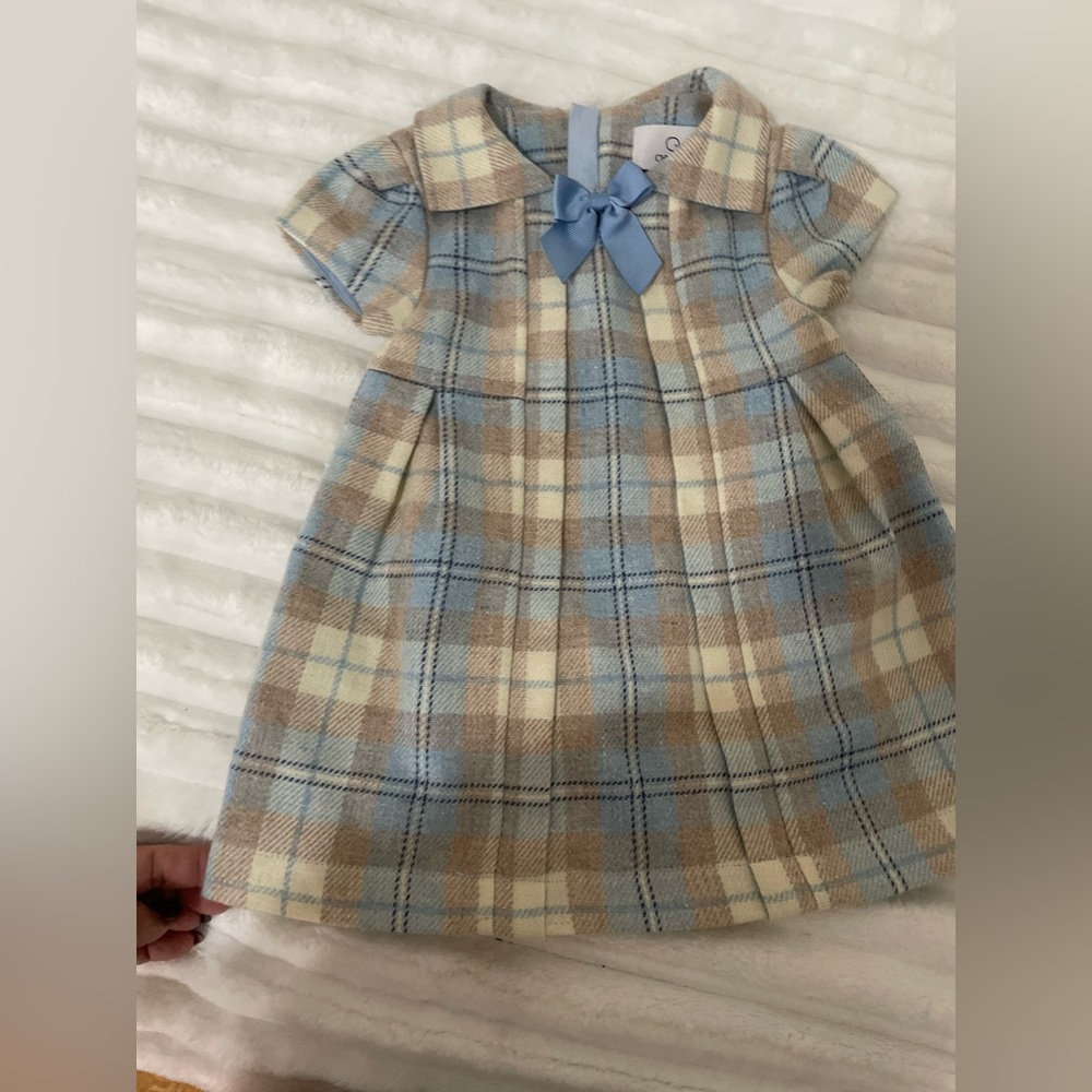 Chickeeduck Classic Plaid Bow-Accent Kids Dress in Blue and Cream